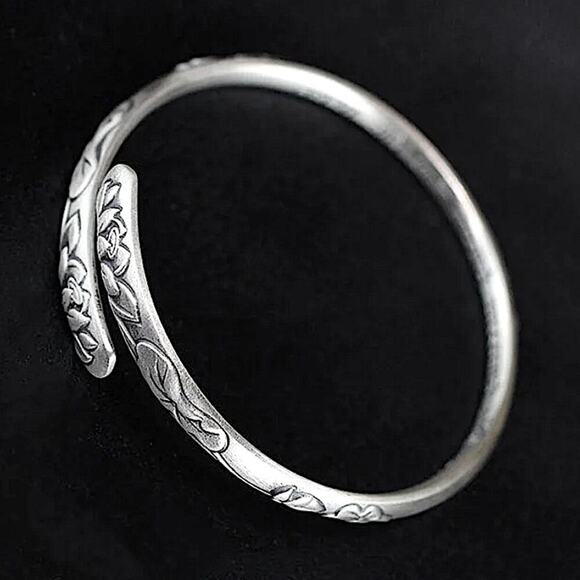 Sterling Silver Lotus Mantra Bangle Bracelet - Picture 7 of 9
